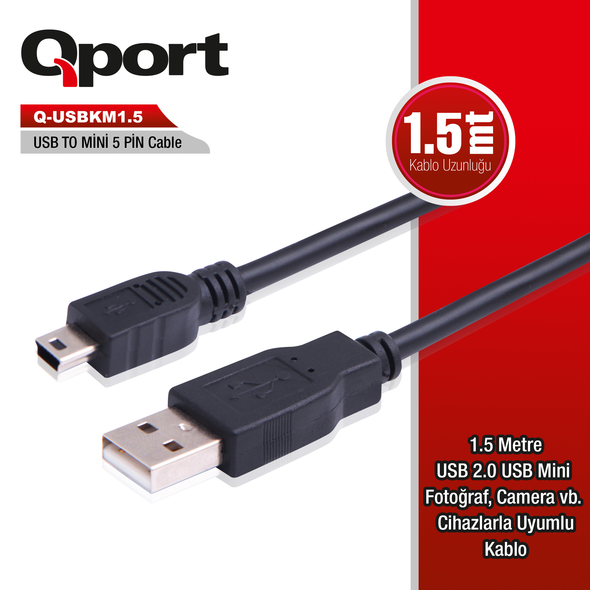 QPORT (Q-USBKM1.5) USB2.0 TO MINI USB 1.5M DATA KABLO - 1. Görsel